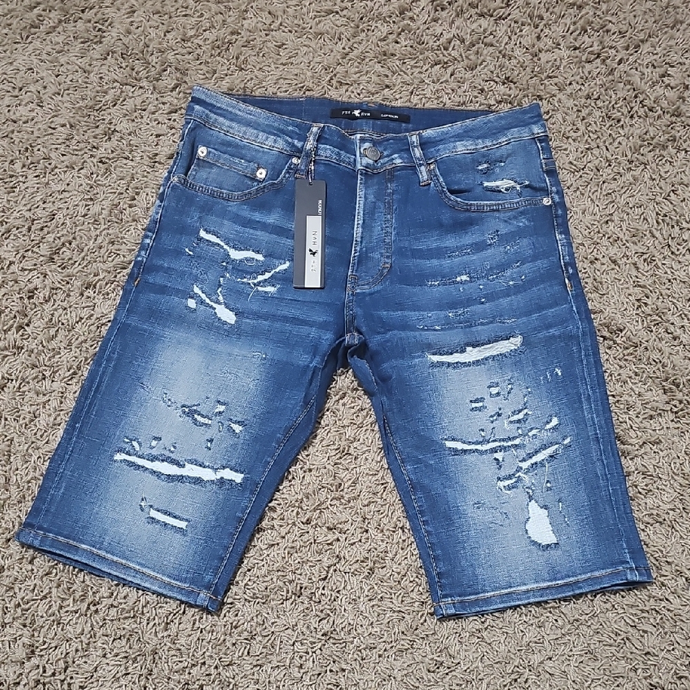 NWT 7TH HVN Jean Shorts Distressed Ripped Stretch Blue Denim 36 Jorts Stretch